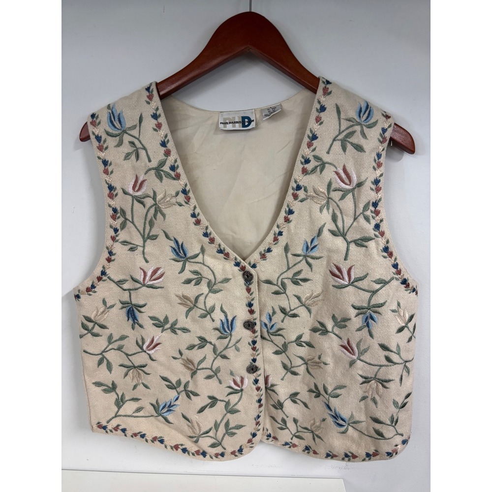 Vintage Women's Vest Paul Harris Floral Design Embroidered Wool Blend Cream